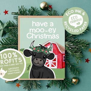 Veganistische kerstkaart. Baloo Cow - 100% winst gaat naar boerderijreservaten. Griezelige Steve bij Greener Pastures Sanctuary