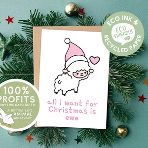 Tarjeta de Navidad vegana. El 100% de las ganancias se destinan a A Better Life Farm Sanctuary. Linda tarjeta de oveja Kawaii. Todo lo que quiero para Navidad es oveja
