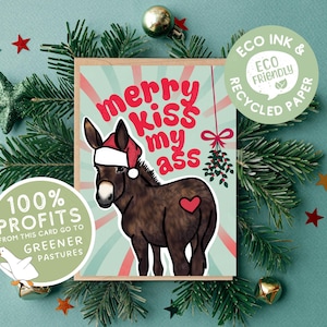 Vegane Weihnachtskarte. 100% Gewinne gehen an Farm Heiligtümer. Esel die 40-jährige Esel von Greener Weiden Gnadenhof
