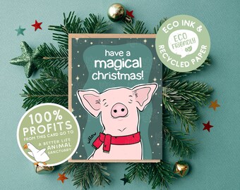 Vegan Christmas Card. 100% Profits Go To Farm Sanctuaries. Willow the Blind Pig at A Better Life Farm Sanctuary