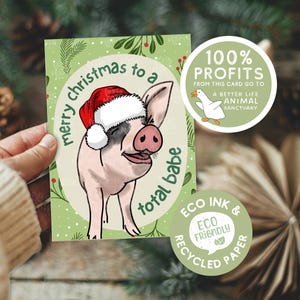 Tarjeta navideña vegana. El 100 % de las ganancias se destina a los santuarios agrícolas. Jordy, el cerdo milagroso, en A Better Life Farm Sanctuary. PEDIDO ANTICIPADO