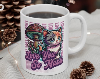 Mushroom mug, cat person gifts for-her, sister besties, cat mom Mothers Day, retro theme funny cats gifts