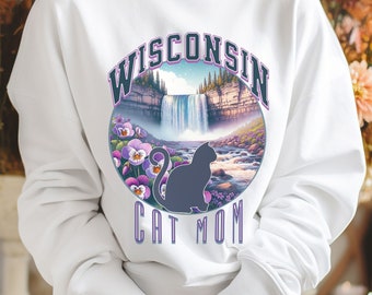 Wisconsin Cat Mom sweatshirt, States crewneck, moving away present for-her, cat mama gift, collegiate style sweater-shirt