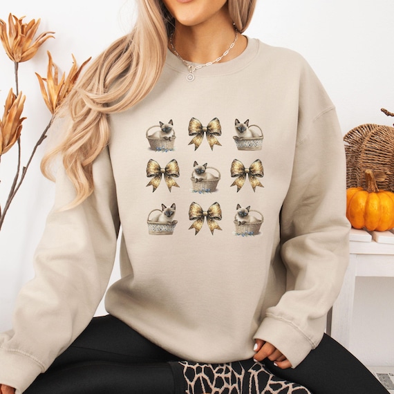 Coquette Siamese Kittens Grid Design Sweatshirt, Sand Color, Unisex, Gold Glitter Bows and Neutral Tones, Cat Lover Gift, Cat Lady