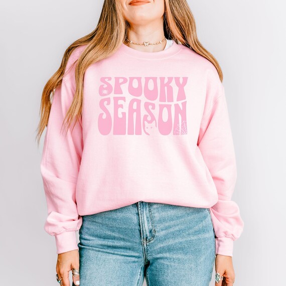 Pink Halloween Sweatshirt, Spooky Season in Wavy Text with Spider and Cat, Crewneck Pullover, Fall Fashion, Cozy Top