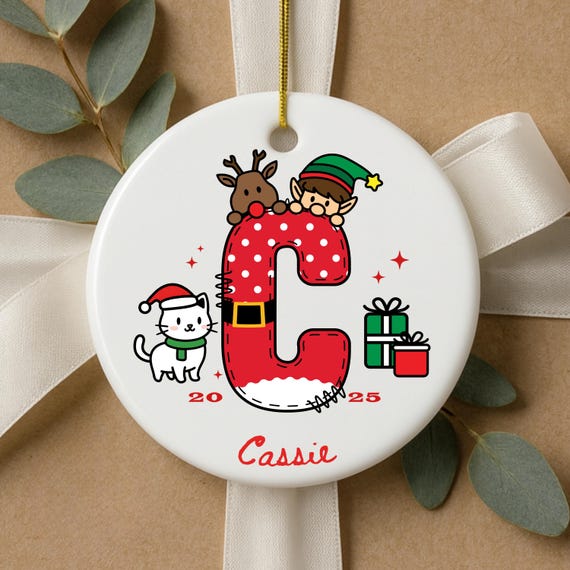 Personalized Christmas Ornament: Santa Monogram with Cat, Reindeer & Elf