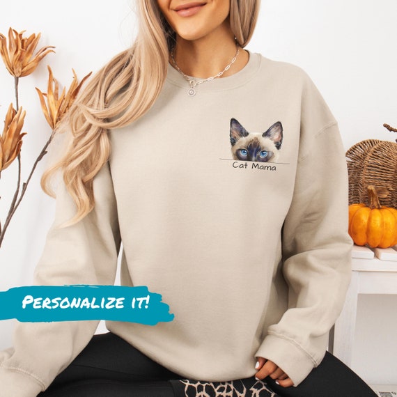 Cat Lover's Sweatshirt, Peeking Siamese Cat Design, Cozy Crewneck, Unisex Sweater, Gift for Pet Owners, Animal Lover Apparel