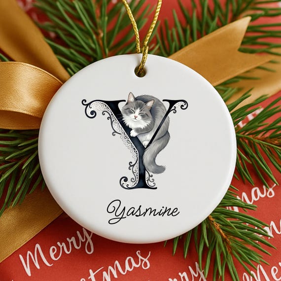 Personalized Letter Name Cat Ornament: Victorian Lace Monogram