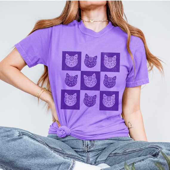 Boho Floral Cat T-shirt, Monochromatic Checkered Grid Design, Unisex Tee, Cat Lover Gift, Casual Top