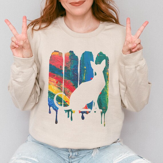Colorful Sphynx Cat Sweatshirt, Hairless Cat Lover Sweater, Brushstroke Design Crewneck, Unique Cat Owner Gift, Cozy Animal Print Shirt
