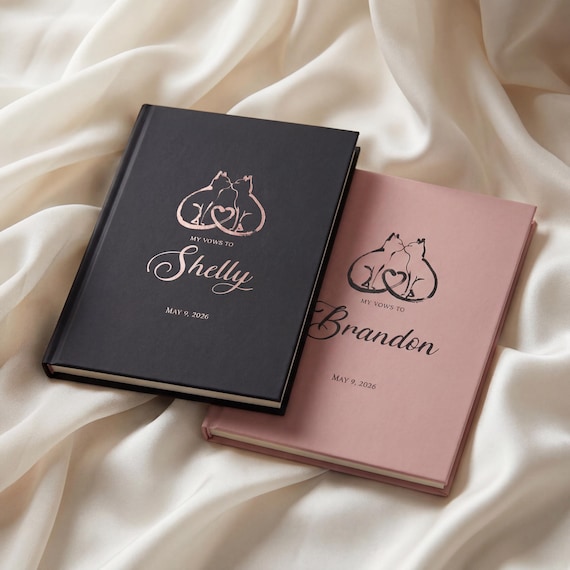 Personalized Cat Wedding Vow Books, Minimalist Style Ink Brush Art, His Hers Set