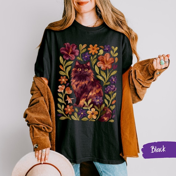 Floral Tortie Kitty Shirt, Comfort Colors Tee, Boho Tortoiseshell Cat Lover Gift