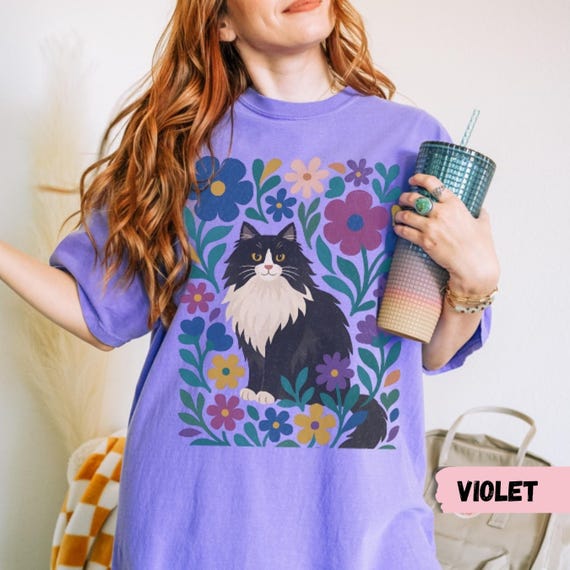 Floral Tuxedo Cat Shirt, Comfort Colors Tee, Trendy Boho Black and White Cat Shirt, Retro Cottagecore Pet Mom Gift, Aesthetic Cat Lover Tee