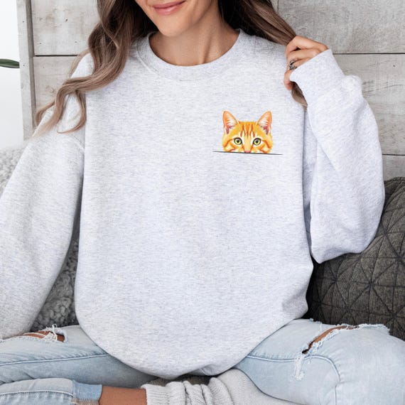 Peeking Orange Tabby Cat Crewneck Sweatshirt, Cute Ginger Cat Pocket Design, Funny Animal Lover Gift, Cozy Winter Shirt, Cat Person Gift