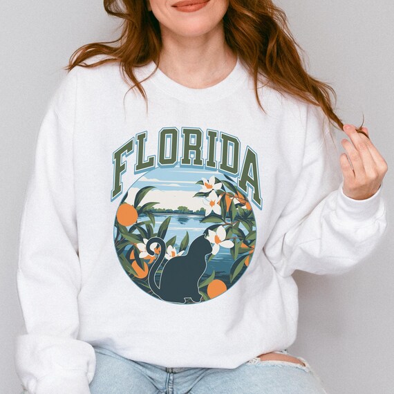 Florida Cat Lover Crewneck, cat person gift, cozy sweater, orange blossoms, Home State sweatshirt, Cat Lady Sister Aunt Grandma Mothers Day