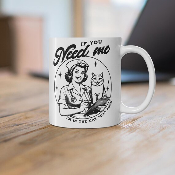 Personalized Funny Nurse Cat Lover Mug, Gift for Nurses, CT Technicians, Retro Nurse Graphic, CAT scan gag gift, Medical Professional Cup