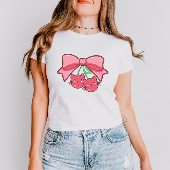 Baby Tee Cat Shirt, Kawaii Cherry Cats with Coquette Bow, Cute Kitty Top, Animal Graphic Tee, Cat Lovers Tshirt, Girlie T-shirt Gift for Her