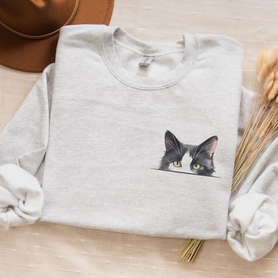Peeking Tuxedo Cat Sweatshirt, Cat Lover Gift, Pocket Design Shirt, Cute Cat Sweater, Pet Owner Crewneck, Cat Mom Dad Present, Tuxie Cat