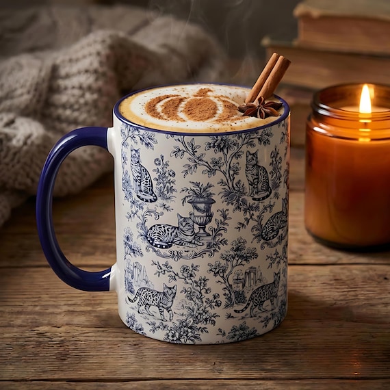 Blue Toile Bengal Cat Coffee Mug, Cottagecore Kitty Cup