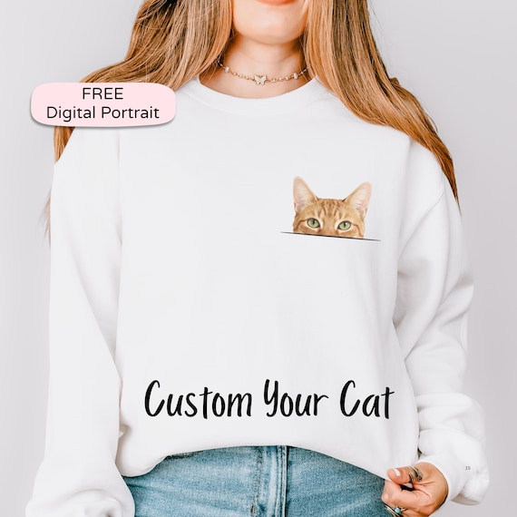 Custom Cat Portrait Sweatshirt, Watercolor Peeking Pocket Design Hoodie, Cat Lover Crewneck
