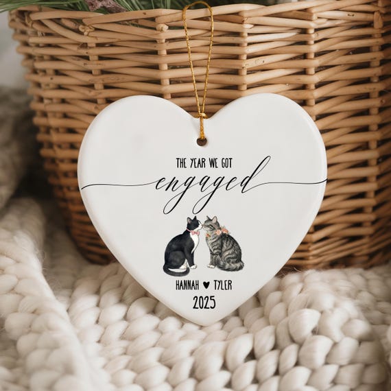 Personalized Cat Couple Engagement Ornament: Tabby and Tuxedo Cat Keepsake