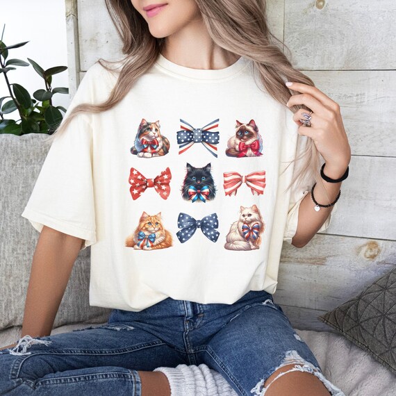 Coquette Cats and Pretty Bows 4th of July shirt, Comfort Colors® tee, cute kitties in a grid design, great gift for her