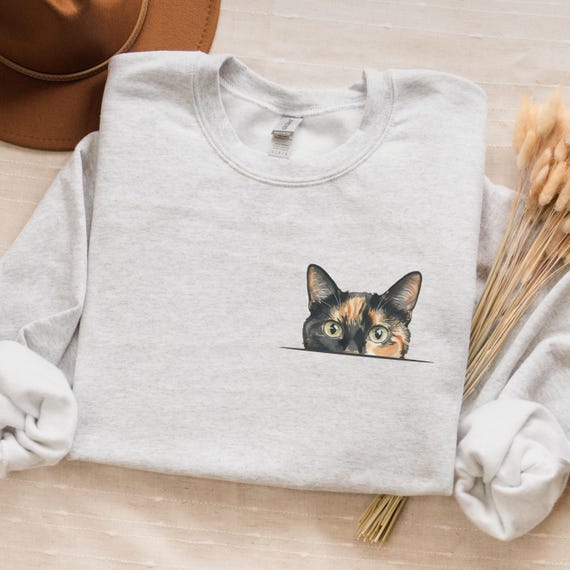Peeking Tortoiseshell Cat Sweatshirt: Cute Tortie Kitty Pocket Design