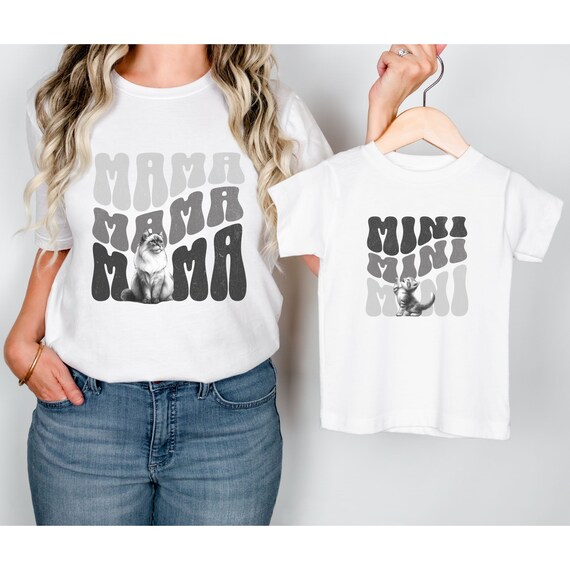 Mama and Mini Cat Lover Shirt with wavy text and mama cat and kitten, gift for-her mom tee shirt, retro mama and me shirt