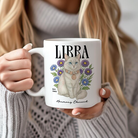 Personalized Libra Birthday Mug for Her, Custom Cat Zodiac Coffee Cup with Name & Birth Year, Cute Astrology Gift for Cat Lovers