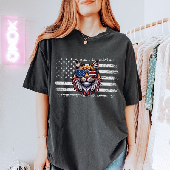 Cool Cat with Retro American Flag Comfort Colors® Tee, 4th of July Shirt, Independence Day Patriotic Cat