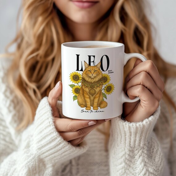 Personalized Leo Zodiac Cat Mug: Astrology Coffee Cup, Custom Birthday Gift