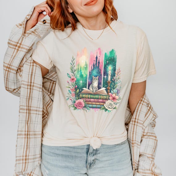 Fantasy Cat T-Shirt: Book Lover Watercolor Design