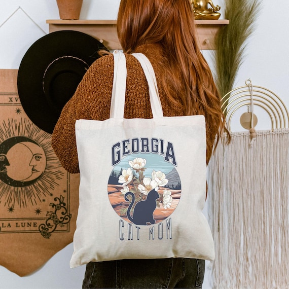 Georgia Cat Mom Cotton Canvas Tote Bag, Collegiate Style, Stone Mountain Cherokee Rose, Cat Lover Gift, Cat Lady Bag, Cat Owner Tote,