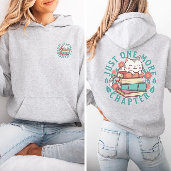 Cat Lover Reading Hoodie, Cute Kitty Pullover, Retro Daisy, Just One More Chapter, Pocket Design, Bookworm Gift, Cozy Hooded Sweatshirt