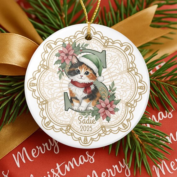 Personalized Christmas Cat Ornament, Santa Kitty, Lace Doily