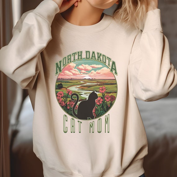 North Dakota Cat Mom sweatshirt, States crewneck, moving away present for-her, cat mama gift, collegiate style sweater-shirt