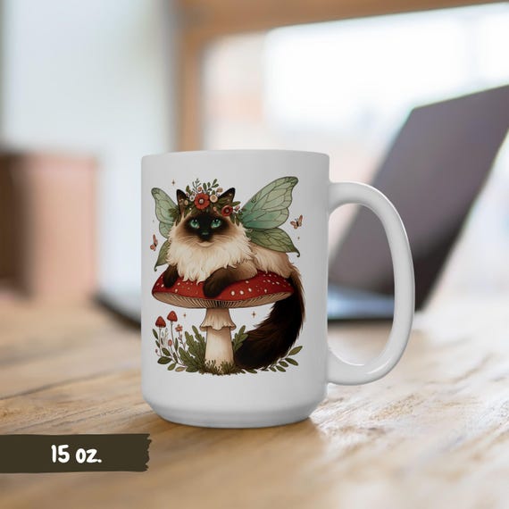 Cute Siamese Fairy Cat Mug, Cottagecore Ceramic Cup with Magical Cat, Mushrooms and Wildflowers, Fairycore Cat Lovers Gift, Cozy Tea Mug