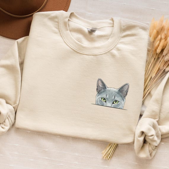 Peeking Russian Blue Cat Crewneck Sweatshirt, Cute Grey Cat Pocket Design, Funny Animal Lover Gift, Cozy Winter Shirt, Cat Person Gift