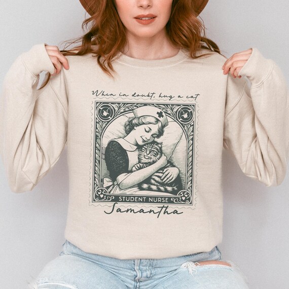 Personalized Cat Lover Nurse Sweatshirt: Vintage Student Nurse Crewneck