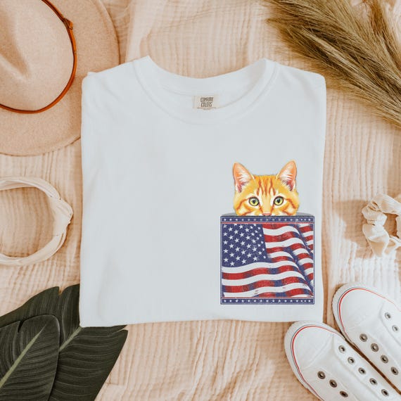 Peeking Cat Patriotic Shirt, Comfort Colors, Orange Tabby 4th of July Tee, Funny Americana Cat Shirt, Independence Day USA Cat Lover Gift