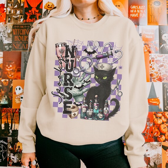 Spooky Nurse Sweatshirt: Gothic Black Cat, Witchy Halloween Crewneck