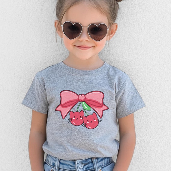Kids Cat Shirt, Kawaii Cherry Cats with Coquette Bow, Children's Tee, Cute Kitty Top, Animal Graphic Tee, Youth T-Shirt