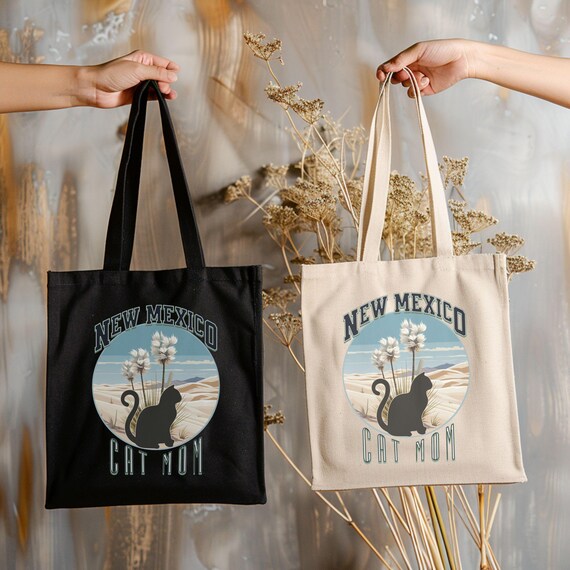 Collegiate New Mexico Cat Mom Tote with White Sands and Yucca Flowers, Southwestern Cat Lover Purse, New Mexico