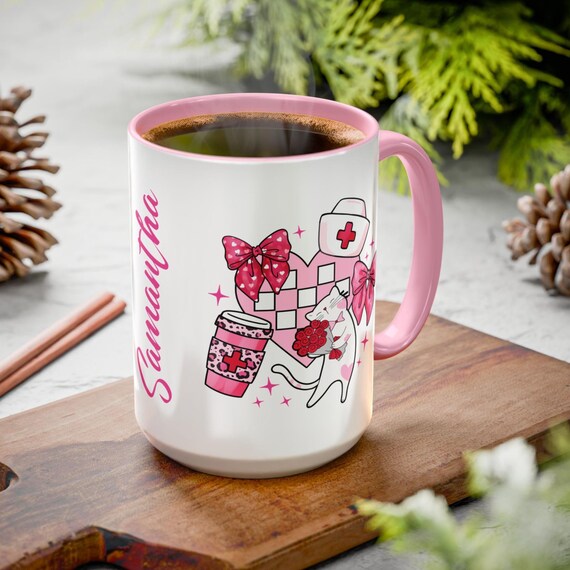 Personalized Valentine Nurse Cat Lover Mug, Custom Name, Pink Checkered Heart, Cute Cat, Nurses Hat and Bows, Cute Animal Gift, Colorful Mug