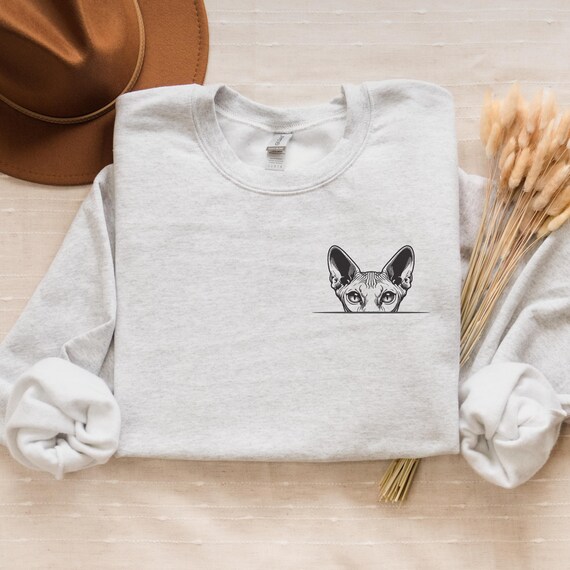 Sphynx Cat Lover's Sweatshirt, Peeking Cat Pocket Design, Cozy Crewneck, Unisex Sweater, Gift for Pet Owners, Comfy Feline Graphic Pullover