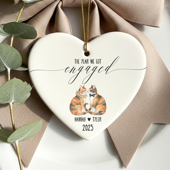 Personalized Tortie Cat Couple Engagement Ornament: Tortoiseshell Cats Wedding Keepsake