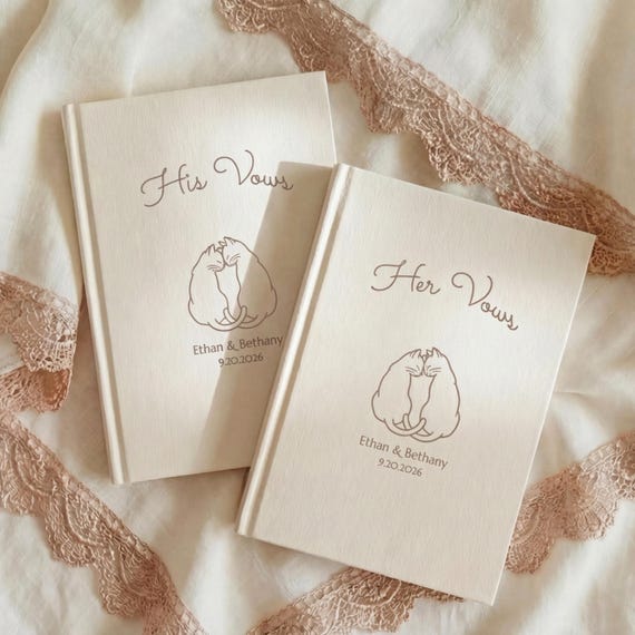 Personalized His and Her Wedding Vow Books, Cat Couple Ceremony Keepsake Journals
