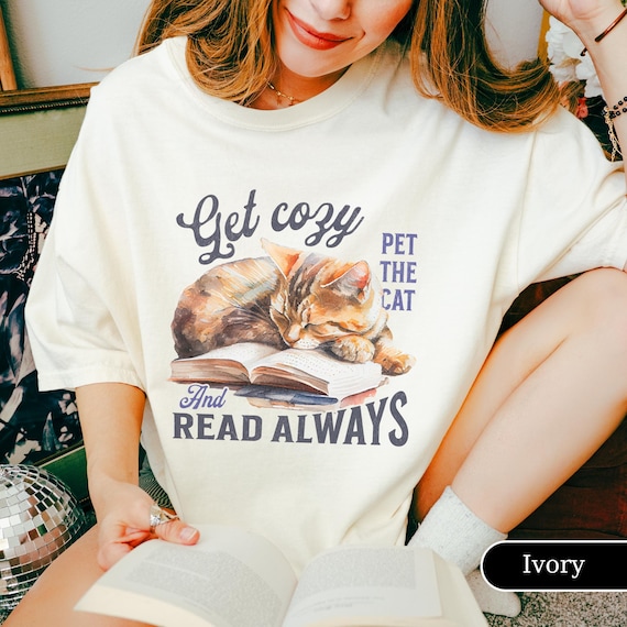 Vintage Watercolor Orange Cat Reading Book T-shirt, Comfort Colors® Tee for Book Lovers, Get Cozy, Pet the Cat, Read Always, Ginger Cat