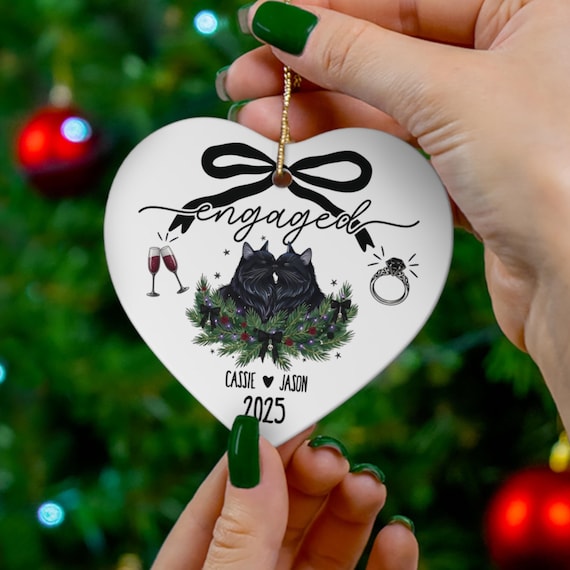 Personalized Engagement Ornament 2025: Gothic Coquette Black Cat Decor