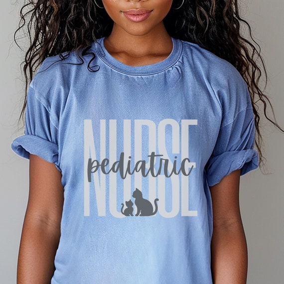 Pediatric Nurse shirt for cat lovers, Comfort Colors® tee with minimalist text and cat kitten silhouette, custom gift for student nurse